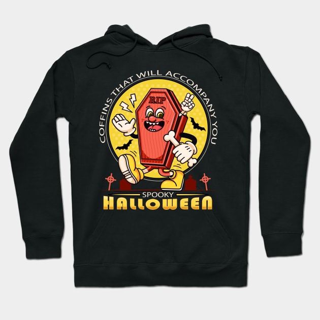 Spooky Halloween, retro walking coffin mascot Hoodie by Vyndesign